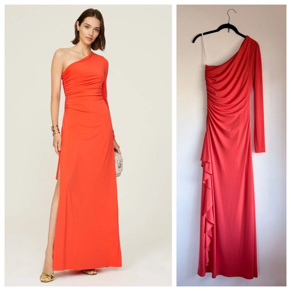 Halston Giana Asymmetrical One Shoulder Long Sleeve Jersey Dress in Orange Sz 0 - Picture 1 of 14